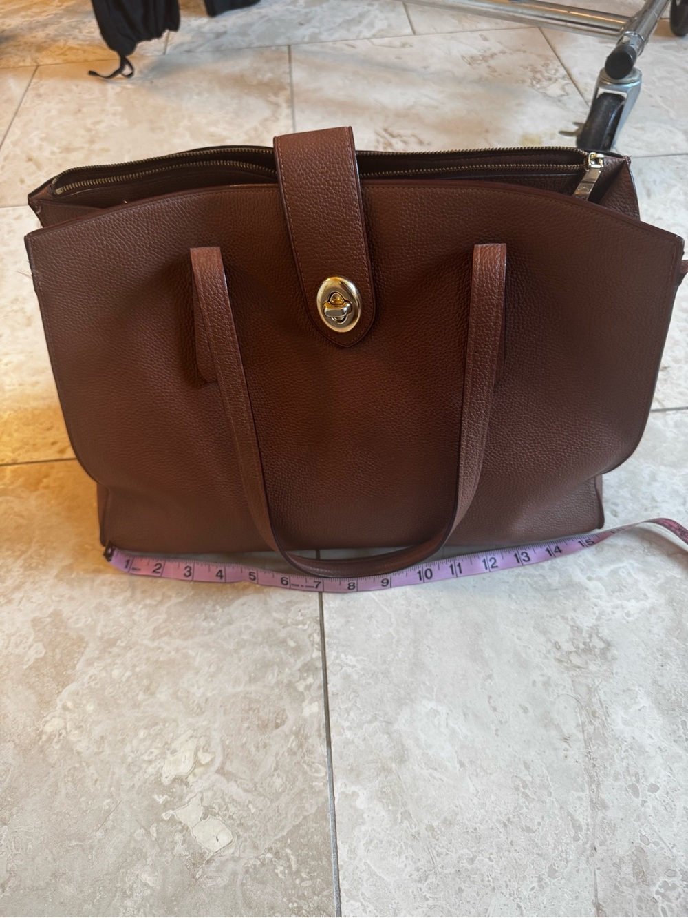 Coach Brown Pebbled Leather Tote with Gold Turn-Lock